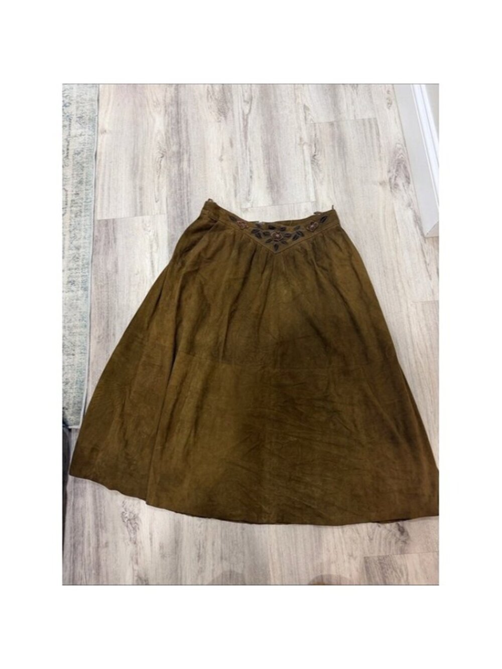 Vintage Women's Olive Brown A-Line midi Suede Skirt with Embroidered Waist Small